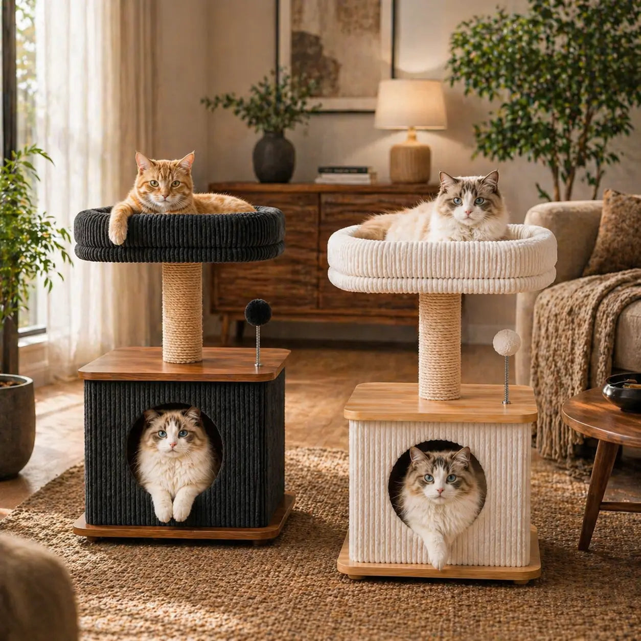 Purrlato Modern Wood Cat Tower – Compact Cat Tree with Condo, Scratching Posts & Plush Perch