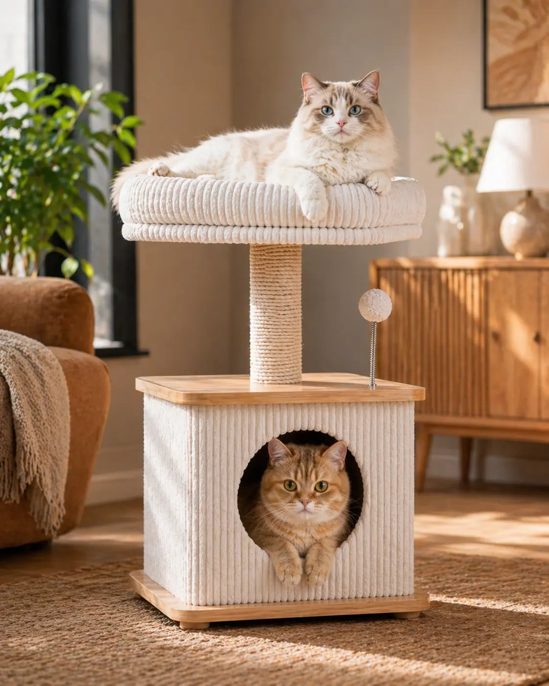 Purrlato Modern Wood Cat Tower – Compact Cat Tree with Condo, Scratching Posts & Plush Perch