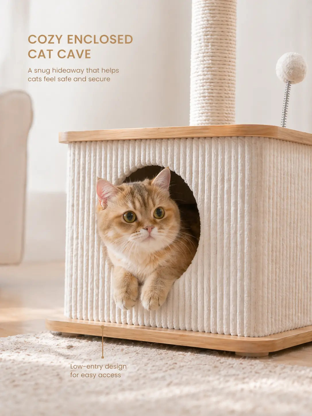 Purrlato Modern Wood Cat Tower – Compact Cat Tree with Condo, Scratching Posts & Plush Perch