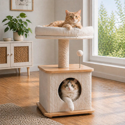 Purrlato Modern Wood Cat Tower – Compact Cat Tree with Condo, Scratching Posts & Plush Perch