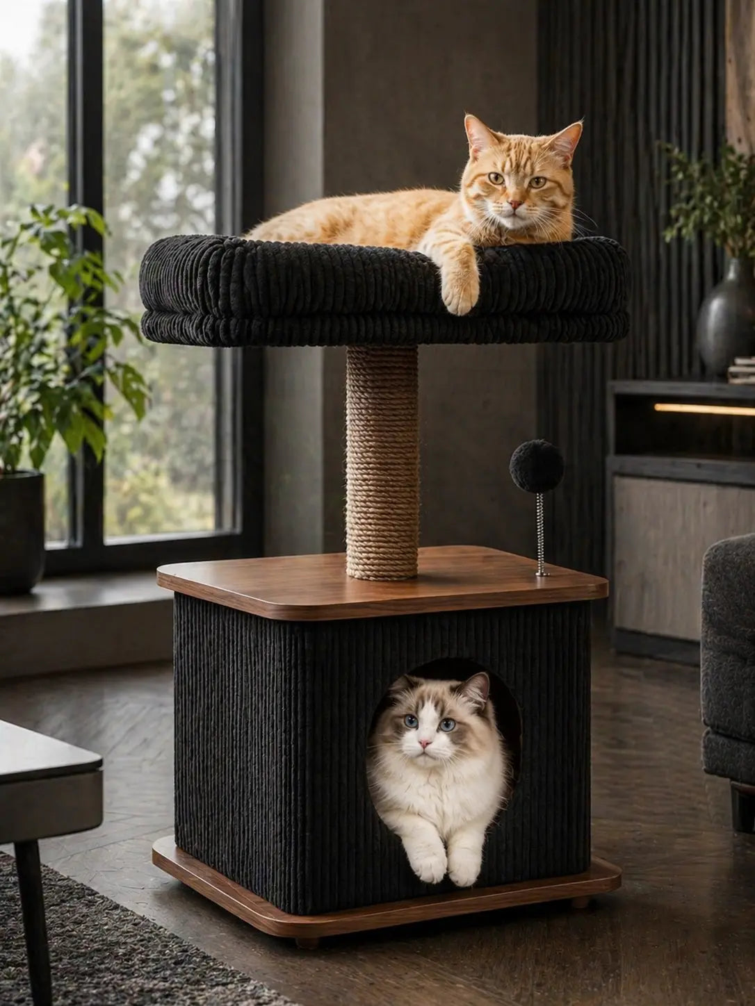 Purrlato Modern Wood Cat Tower – Compact Cat Tree with Condo, Scratching Posts & Plush Perch