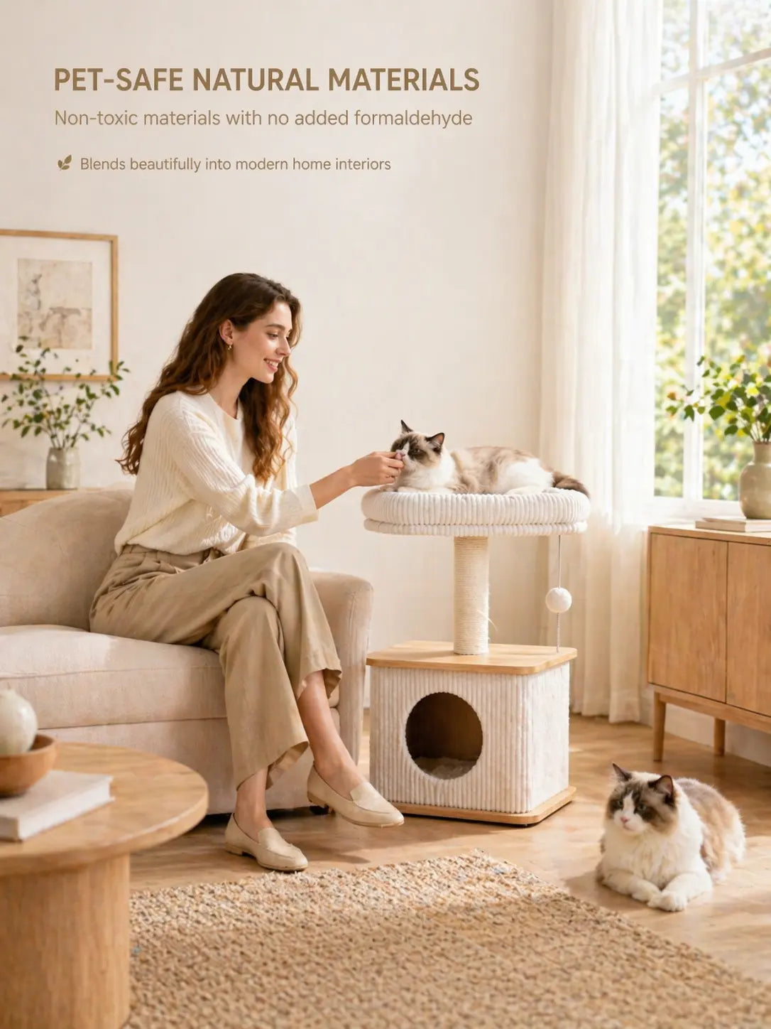 Purrlato Modern Wood Cat Tower – Compact Cat Tree with Condo, Scratching Posts & Plush Perch