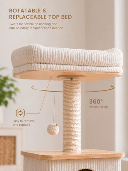 Purrlato Modern Wood Cat Tower – Compact Cat Tree with Condo, Scratching Posts & Plush Perch