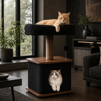 Purrlato Modern Wood Cat Tower – Compact Cat Tree with Condo, Scratching Posts & Plush Perch